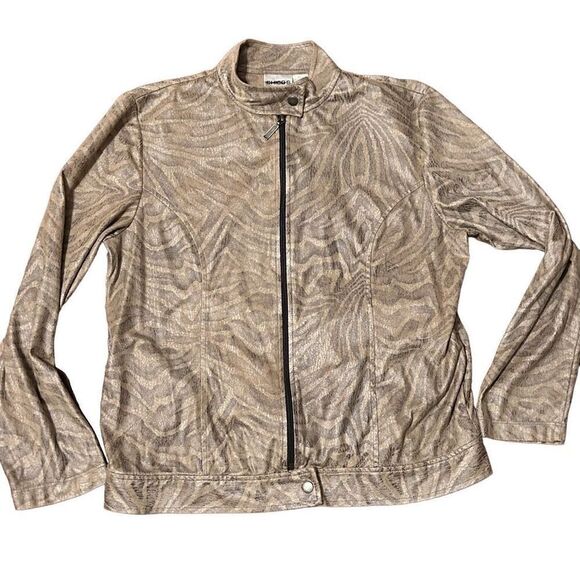 Chico’s Faux Suede Moto Jacket Zebra Print Beige Gray Metallic Full Zip Sz 2 M/L - Picture 1 of 5